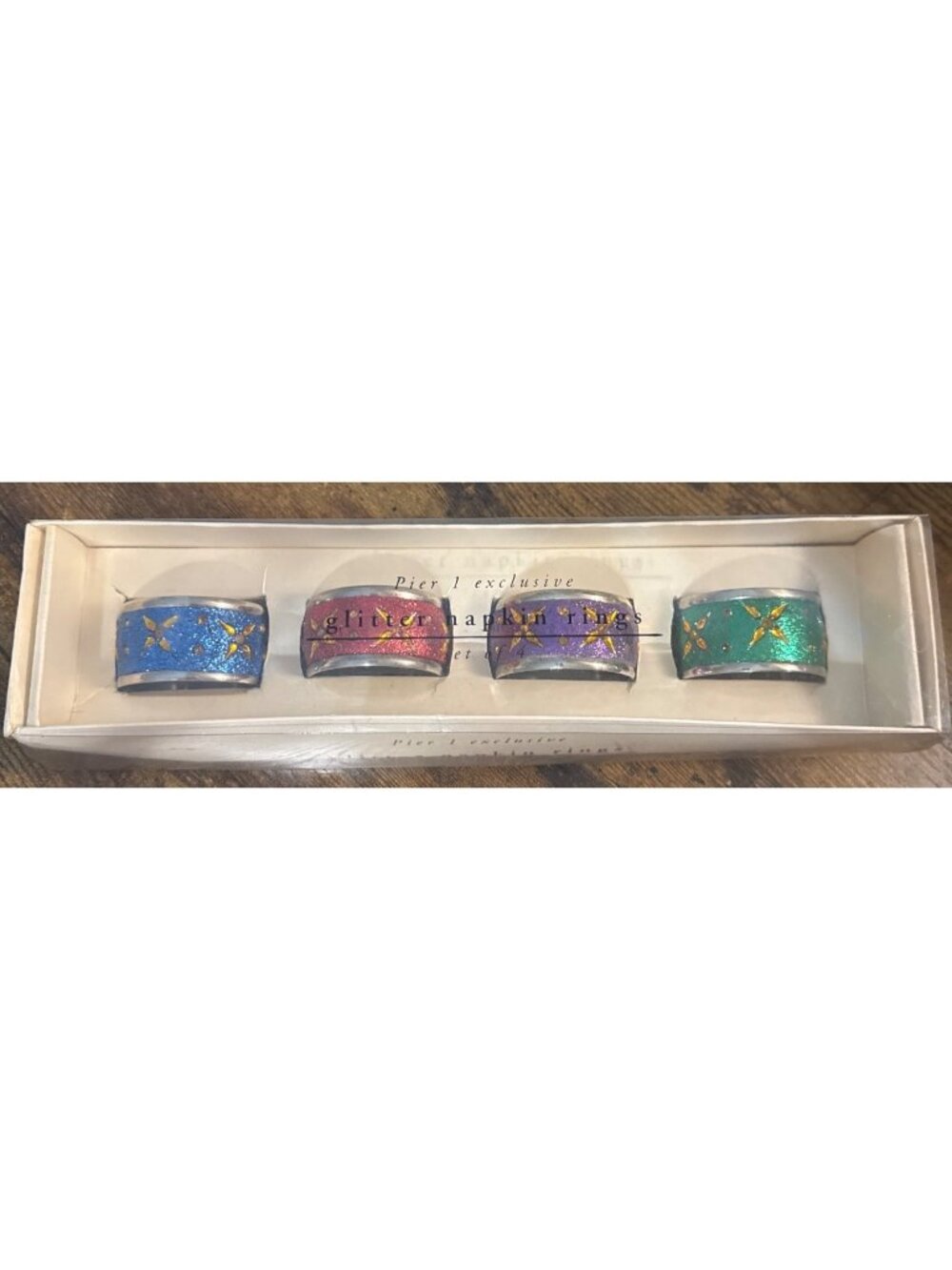 4 Pier 1 Glitter Napkin Rings NEW Nickel-plated Christmas